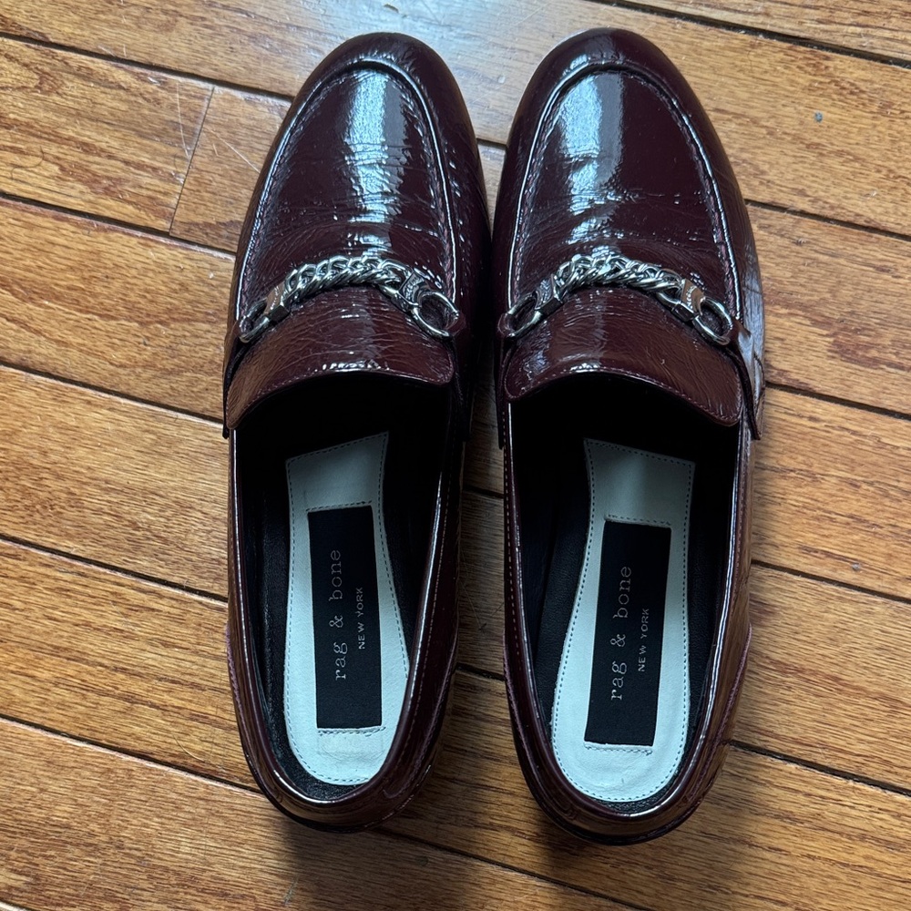 rag & bone Men's Burgundy Patent Leather Loafers with Chain Detail